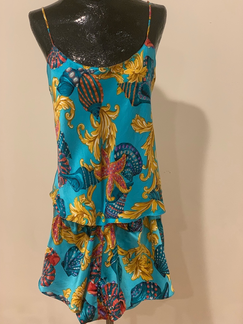 Women’s Pure Silk Tank and Tap Pants. Turquoise Seashell Print.